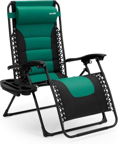 SereneLife Transat Jardin Extérieur Rembourré - Chaise Longue Zéro Gravité | Fauteuil Relax Jardin Pliable Inclinable Vert, Textilène Respirant, Chaise de camping, Table & Repose-Tête Rembourré Inclus