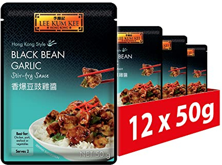 Lee Kum Kee Black Bean Garlic Stir-Fry Sauce, 50 g Pack of 12 | Savoury black bean garlic sauce sachet for beef, chicken, seafood, vegetables and quick stir-fries.