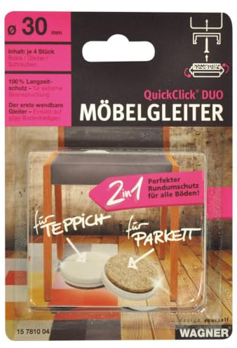 Wagner QuickClick® Filzgleiter & Kunststoffgleiter wendbar 2 Seiten Wollfilz & Kunststoff 4er-Set zum Anschrauben - 4X Basis+Schraube+Gleiteinsatz - Duo - Durchmesser Ø 30 mm - Made in DE - 15781004