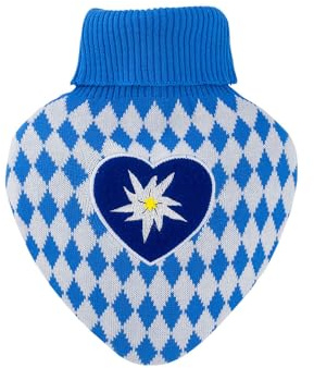 Hugo Frosch Herz-Wärmflasche 1,0 l mit Strickbezug Edelweiß Blau-Weiß | Große herzförmige Bettflasche Made in Germany, auslaufsicher & langlebig, mit weichem Überzug, abnehmbar & waschbar