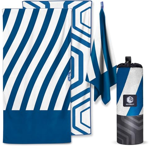 VENTURE 4TH Microfiber Beach Towel: Quick-Dry, Compact, Sand-Free, Absorbent, Sandproof and Lightweight - Perfect for Camping, Beach, and Roadtrips (Dark Blue Stripes Design | 35x78 inches)