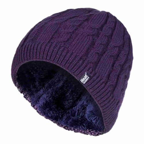 HEAT HOLDERS - Womens Ribbed Cable Knit Fleece Lined Thermal Winter Knitted Beanie Hat (One Size, Purple (Alesund))
