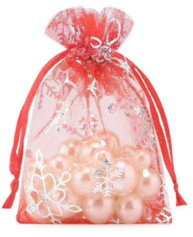 G2PLUS 7x9 CM Weihnachten Organzasäckchen Rot,100 Stück Kleine Geschenk Organzabeutel, Schneeflocke Organzasäckchen mit Kordelzug für Geschenk Weihnachten Deko