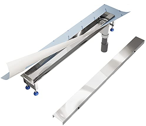 SET completo - canal de ducha de alto brillo 60 cm AQUABAD® SDS Premium de acero inoxidable pulido V2A incl. filtro de pelo, salida lateral vertical, tapa BORD y cuerpo básico SET