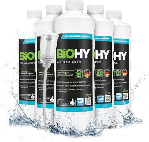 BiOHY Abflussreiniger (6 x 1 Liter) + Dosierer | mit spezieller Haarweg-Formel | Bio Konzentrat für Küche & Bad | entfernt selbst hartnäckigste Verstopfungen | ohne ätzende Dämpfe & Gerüche