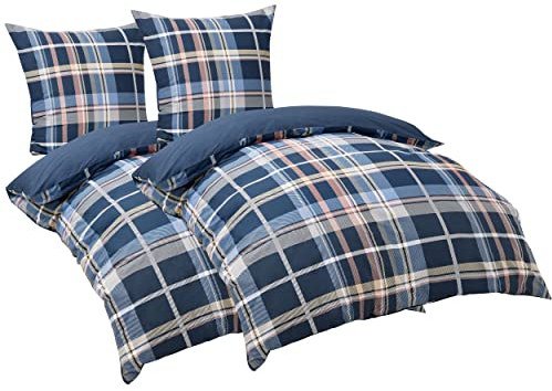 BEDSURE Bettwäsche 135x200 4teilig Baumwolle - Bettwäsche-Sets 2er Set Bettbezug Warm mit 2 Kissenbezüge 80x80 cm, ÖKO-TEX Wendebettwäsche Bedding mit Reißverschluss Blau Kariert Muster