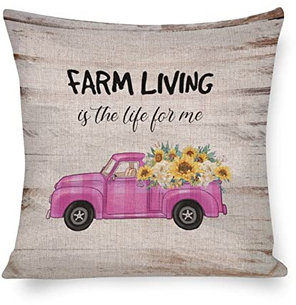 by Unbranded Cotton Linen Pillow Cover for Living Room Bedroom Decor Farmhouse Square Pillowcase 16x16 for Baby Boys Girls Kids Room,Truck Grain Sunflowers Square Pillowcase Easter Gift