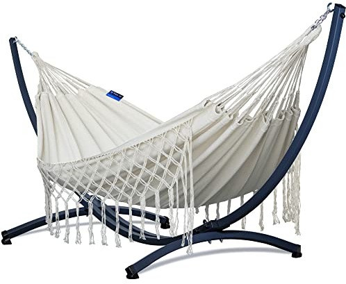 Potenza Outdoor Hängematte mit Gestell für 2 Personen I Medelin Boho- 100% Baumwolle Doppelhängematte 230x160, 200kg I Hängemattengestell 220kg, wetterfest (Basic Gestell Graphit, Ecru)