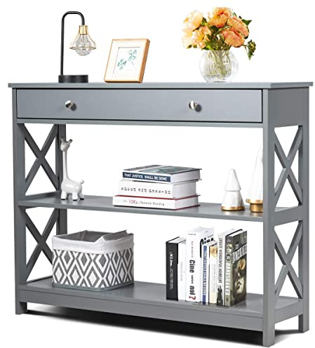 GYMAX Tavolo Consolle da Ingresso con 2 Ripiani, Cassetto, Lati a Forma di X per Corridoio, Camera da Letto, Soggiorno, Tavolo Semplice, 100 x 30 x 80 cm (Grigio)