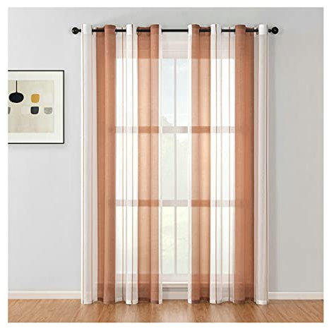 KnBoB Transparente Gardine, Polyester Kaffee Streifen Vorhang Wohnzimmer mit Ösen Voile Gardinen 107 x 132 cm