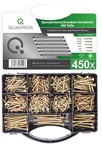 Spanplattenschrauben-Sortiment 450 Teile verschiedene Stahl-Schrauben, Senkkopf-Schrauben, Holz-Schrauben, selbstschneidende Universalschrauben – Heimwerken, Spenglerei, DIY, Handwerk oder Bau