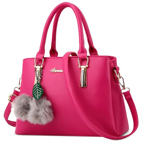DEEVORCA Elegante Damenhandtasche – wasserdichte PU Leder Umhängetasche Mit Abnehmbarem, Verstellbarem Schultergurt & Modischem Anhänger, Ideal Für Arbeit, Reisen, Shopping (Fuchsia Rosa)