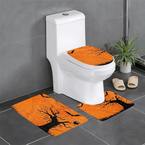 TRESILA 3-teiliges Badematten-Set, rutschfest, Badezimmermatte, WC-Vorleger, Teppich, Flanell, Bodenmatte, Druck, Türmatten – Orange, Halloween-Party