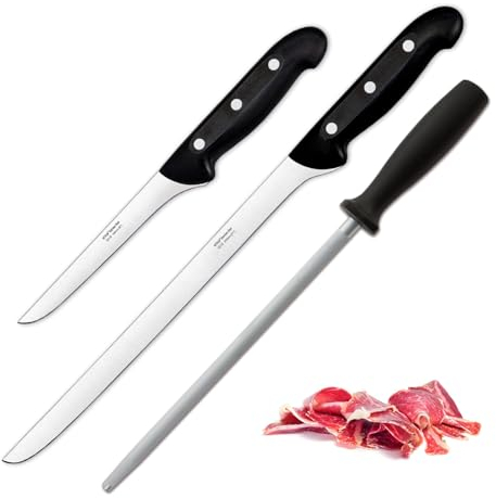 PracticDomus Set de Cuchillos para Corte de Jamón Maitre con Cuchillo Jamonero, Chaira y Deshuesador (Maitre)