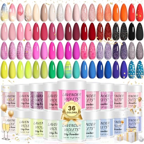 Lavender Violets 36 Colours Dip Powder Nail Kit Starter Quick Drying Dipping Powder Nude and Full Range Colour Set Red Noen Sliver Glossy Matte Nail Art Design M950