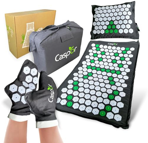 Caspor Premium Akupressurmatte Set 4-tlg. Kissen, Handschuhe & Tasche 100% Leinen, Kokosfaser, Buchweizenschalen Schmerzlinderung Rücken & Entspannung