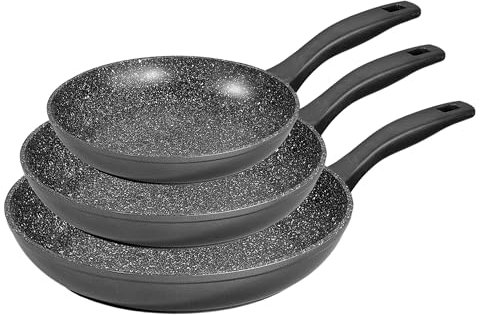 STONELINE Made in Germany - Set di padelle da 3 pezzi, 20/24/28 cm, padella antiaderente con vere particelle di pietra, padella a induzione, adatta al forno, tutti i piani cottura, senza olio e grassi