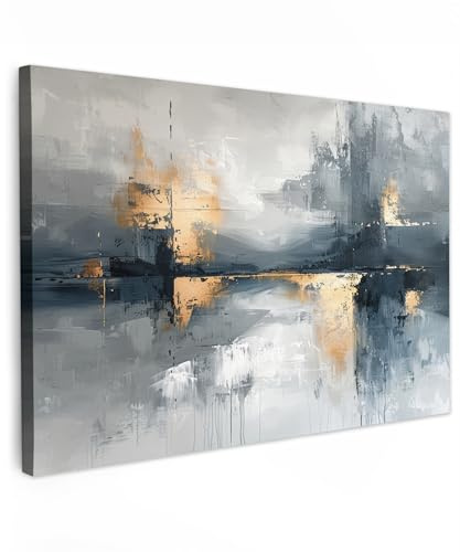 MuchoWow© Leinwandbilder Wall Art Decoration Bilder für die Wand | 90x60 cm - Schlafzimmer Deko Canvas Painting Wanddekoration Wohnzimmer Kunst - Grau - Gold - Abstrakt