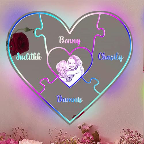 ASD Jewerly Personalisiertes Herz-Spiegel-Puzzle-Licht, individuelle Muttertags-LED-Spiegel-Puzzle-Lampe, Mutter-Puzzle-Herzschild, Muttertags-Puzzle-Nachtlicht-Dekoration, Puzzle-Geschenke für Mama