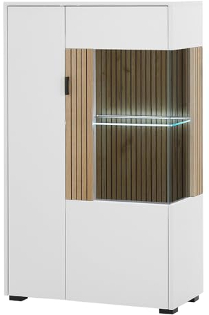 Lomadox Highboard Vitrine Vitrinenschrank Standvitrine modern Glastür weiß matt Eiche gerillt 75x125x38 cm