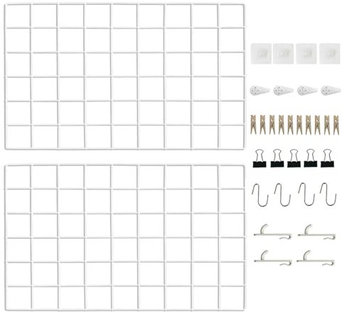 CIKLCIX Metal Grid Wall Panel White, Wire Grid Photo Display Organizer, 17.3×11.8 Wire Board Grid Wall, Grid Picture Frame, 2-Pack Wire Mesh Memo Board with Clips and Hooks