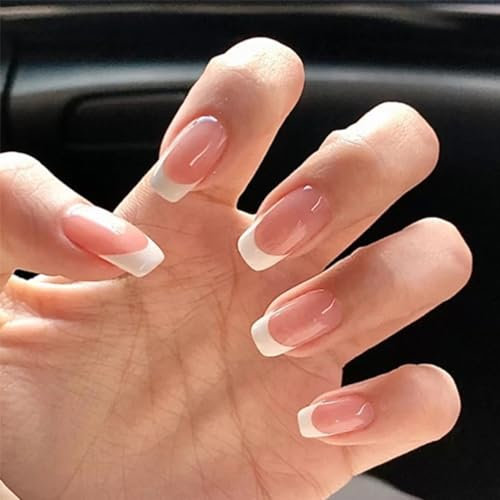 Mgmxbsth 24Pcs Stick On Nails Square French Tip False Nails With Glue, Press on Nails Soft Gel in 12 Sizes, Reusable Semi-Transparent Glue On Fake Nails for Women, Girls（French Style）