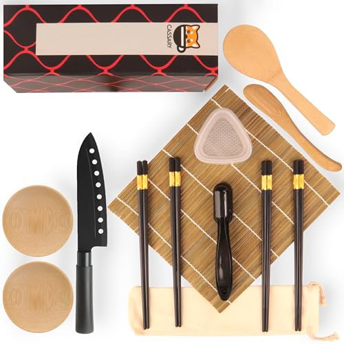 Professionelles Sushi Set mit 15 Teilen von Maker B - Bambusmatte, Messer, Nigiri- und Onigiri Maker, Stäbchen und Löffel zum Selber Machen