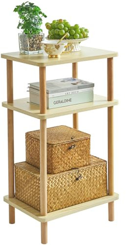 IBUYKE 3-Tier Side Table, Solid Wood Tall End Table with Storage Shelves, Nightstand Bedside Table for Living Room Bedroom Office, No-Tool Assembly, Light Natural WST003S