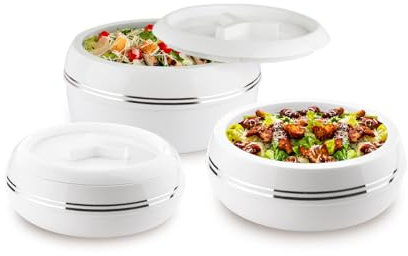 M1SS Set of 3 Double Wall Insulated Casserole Set (1500, 2500, 3200ML) for Hot Food Serving Dishes with Locking Lid, Hot Pot Stainless Steel Inner, BPA-Free Serving Box Gift Set for Christmas White