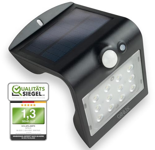 GINUX Solarlampen für außen mit Bewegungsmelder - Solar Wandleuchte aussen mit Superhellen LEDs und PIR-Sensor, Solar LED Strahler für Wand und Garten (15W Schwarz)