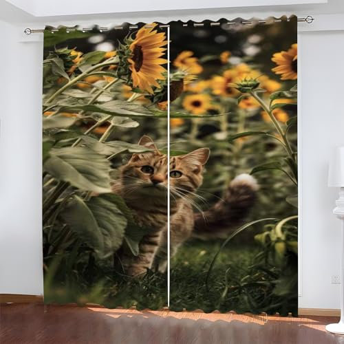 YZQGLHP Gardinen KäTzchen Vorhänge Sonnenblume Verdunklungsvorhänge Schiebe Schallschutz Vorhang mit Ösen für Schlafzimmer Wohnzimmer H245 x B140 cm 2 teiliges Set
