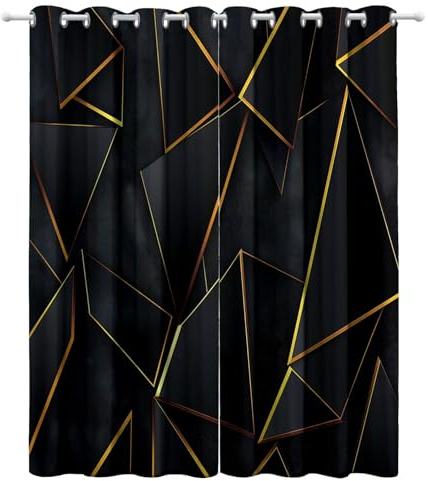 CozyRest Verdunkelungsvorhänge Mit Ösen 160 x 140 cm Blickdichte Vorhänge, Wärmeisolierend Vorhang, Luxusgeometrie Schwarz und Gold Vorhänge Für Kinderzimmer Schlafzimmer Schiebevorhänge