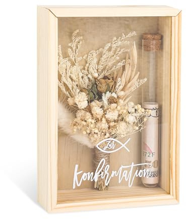 Konfirmation Geschenk – Geldgeschenk zur Konfirmation & Kommunion – Geschenkbox mit Trockenblumen & Reagenzglas – Kreative Geldgeschenke für Mädchen & Jungen – Erinnerungsstück aus Holz