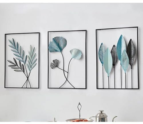 Zinueen 3 pezzi decorazione da parete in metallo, nero, minimalista, foglia, decorazione per la casa, il soggiorno, la camera da letto (Nero)