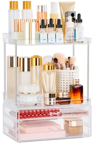 FoiiLiio Organizzatore Trucchi, Make Up Organizer per Profumi, Organizzatore per Cosmetici con 2 Cassetti adatti a Camera da Letto, Toletta, Bagno - Trasparente