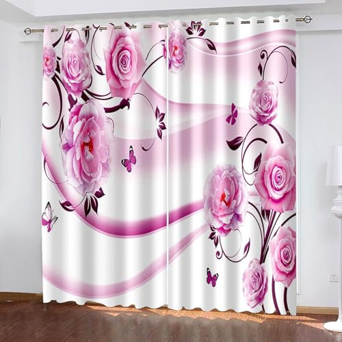 KnSam Blackout Opaque Curtains Living Room Pink White Rose Flowers Butterfly Pattern Blackout Curtain Thermal Curtain 2 Pieces Thermal Curtain with Eyelets
