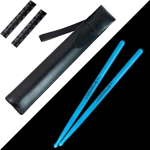 AQTAQ 5A Drumsticks Nylon for Drum Set with ANTI-SLIP Handles Night Light Plastic Cool Glow Drum Sticks with Non-Slip Strong Musical Instrument Percussion Accessories Fluorescence-Blue