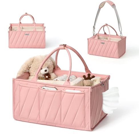 VKSAO Pink Diaper Caddy Organizer – Portable Storage Basket with Shoulder Strap & Stroller Hooks, Splashproof Quilted Nursery & Car Tote for Baby Girl Shower Gift, Baby Registry, Blush Pink
