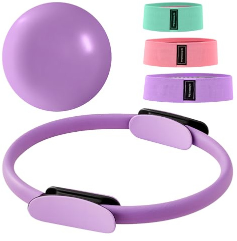 Trintion Pilates Ring Set 14 Premium Magic Circle with Dual Padded Handles, Includes 9 Anti-Burst Mini Ball 3 Resistance Bands (20/30/45 lbs) for Home Gym Pilates Equipment for Home (Purple)