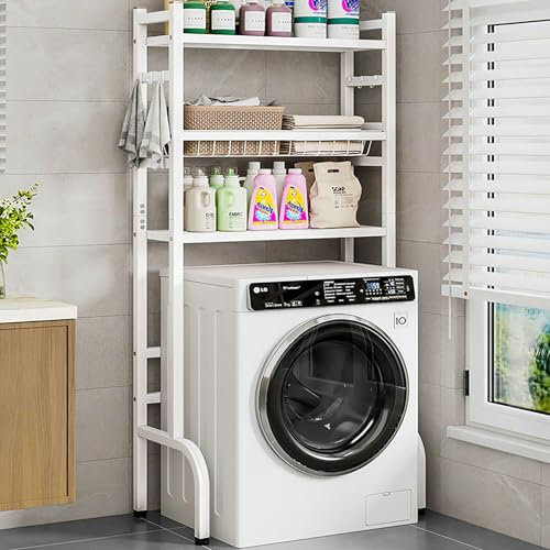 Estantería Lavadora Secadora, Armario Lavadora Y Secadora Vertical Con Barandilla, Soporte Ajustable Para Lavadora-Secadora De Carga Frontal Con Cesta Hueca, Ahorra Espacio Para Baño Cocina Balcón(Whi