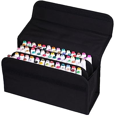 HOMSFOU 80 Slots Pochette de Rangement pour Marqueurs, Étui Portable Noir | Boite Rangement Feutre Acrylique, Tissu Protecteur, Sangle Amovible et Poignée, Accès Facile