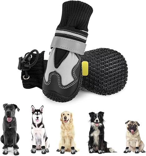 SlowTon 2PCS Dog Boots for Injured Paws Waterproof - Warm Fleece Lined Dog Paw Protector for Winter Snowy Day Non-Slip Dog Shoes with Reflective Straps Outdoor Walking Boots Small Medium Large Dogs