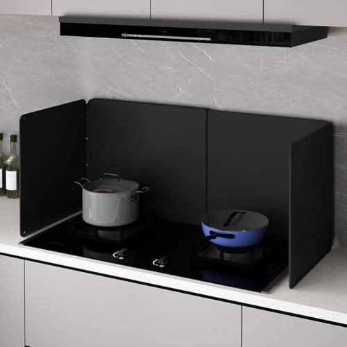 TT-YEL Foldable Carbon Steel Kitchen Splashback, Retractable Pot Backsplash, Four-Sided Non-Stick Oil Wall Protector, Stovetop Oil-Proof Screen Protector, White/Black,B Height 45*Depth 40cm