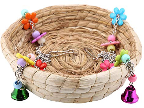 MUNEFE Bird Toy Swing Nest, Gran Juguete de pájaro con Campanas, Juguete de Cama de Swing de Nido de pájaros con Paja Tejida de Campana para pájaros