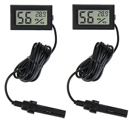 Taikuwu Thermomètre Hygromètre Numérique Mini avec Sonde 1,5m, 2 Pack - Capteur Précision pour Intérieur, Extérieur, Serre, Incubateur, Aquarium, Terrarium, Cave, Bureau, Chambre, Cuisine, Reptile
