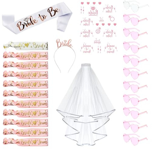 HORDUET JGA Accessoires Frauen Set, Junggesellenabschied Frauen Jga Brille Team Bride to Be Schärpe Team Braut Armbänder Braut Tiara Schleier Bride Tattoos für Junggesellinnenabschied Deko (Rosa)