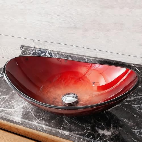 ZYCDP Lavabo da Appoggio Vetro Temperato Ovale 540 X 360 X 160 mm Senza Foro Per Rubinetto Rosso