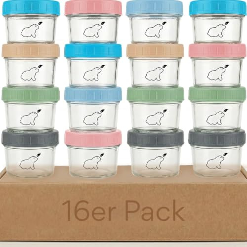 Budding Bear Petit Pot Conservation Bébé en Verre, 120 ml (Lot de 16) | Pot Bebe Repas Réutilisables, Compatible Congélateur, Lave-Vaiselle & Micro-Ondes (Sans Couvercle), Sans BPA, Phtalate, Plomb