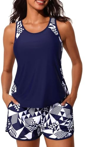 CheChury Tankini Sets for Women UK Tankini Set with Swim Shorts 2 Piece Swimsuits Blouson Padded Top Built-in Bra Ladies Swimwear Sets Sporty,Navy-White,S