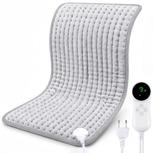 Cojín térmico, 43 x 84 cm, con 9 niveles de temperatura (30-65 °C) y apagado automático, superficie de franela para espalda, cuello, hombros y vientre, lavable a máquina (gris)
